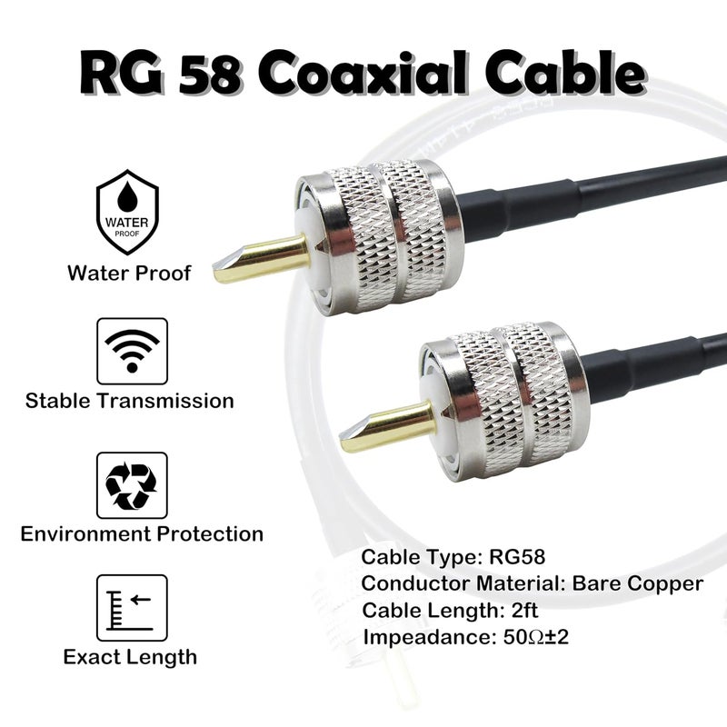 Rydocyee RG58 Coaxial Cable 2 Feet Solid Copper, UHF Male PL-259 to UHF Male PL-259 Low Loss, CB Coax Cable for SWR Meter, CB Radio, Antenna Tuner, Ham Radio, Police Scanner (2FT) - Image 2